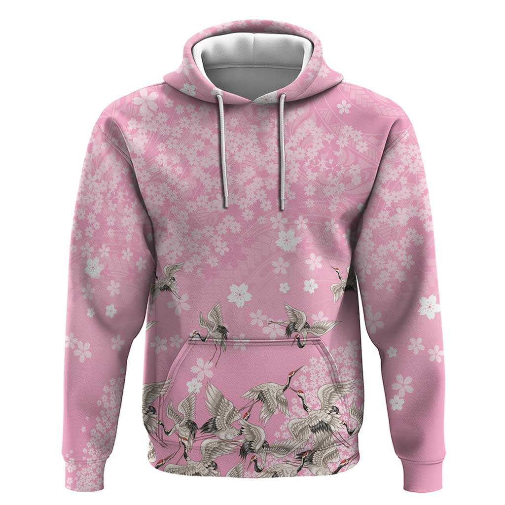 Cranes Sakura Floral Pink Pastel Hoodie Hawaii Japan Culture - Polynesian Pride