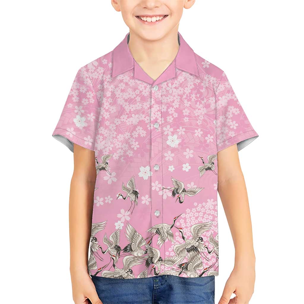 Cranes Sakura Floral Pink Pastel Kid Hawaiian Shirt Hawaii Japan Culture LT01 Kid Pink - Polynesian Pride
