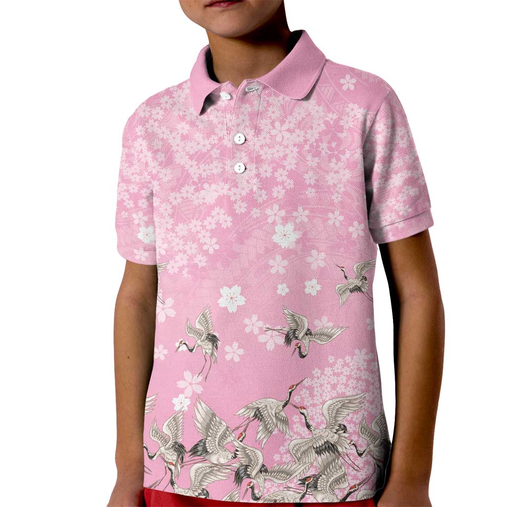 Cranes Sakura Floral Pink Pastel Kid Polo Shirt Hawaii Japan Culture - Polynesian Pride