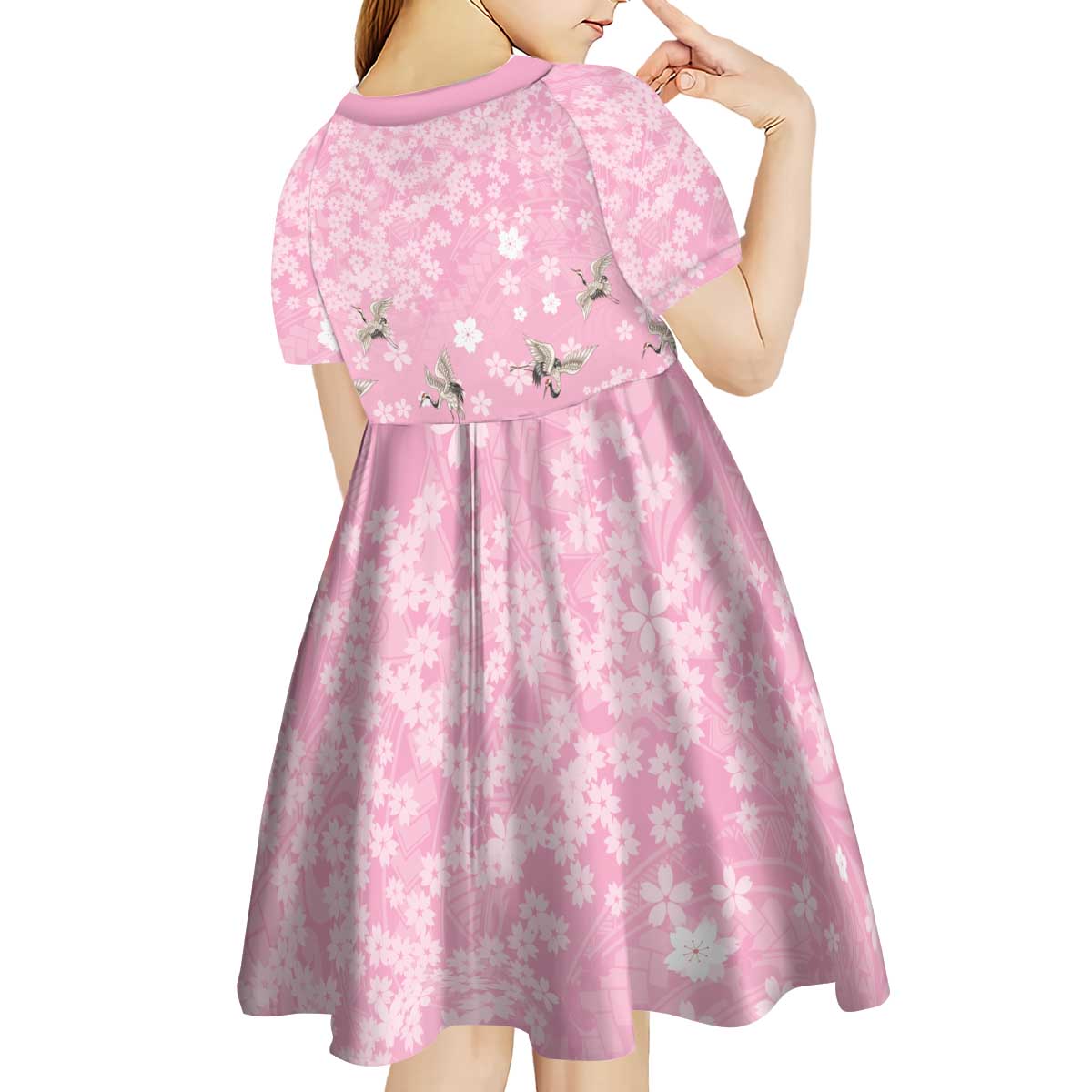 Cranes Sakura Floral Pink Pastel Kid Short Sleeve Dress Hawaii Japan Culture - Polynesian Pride