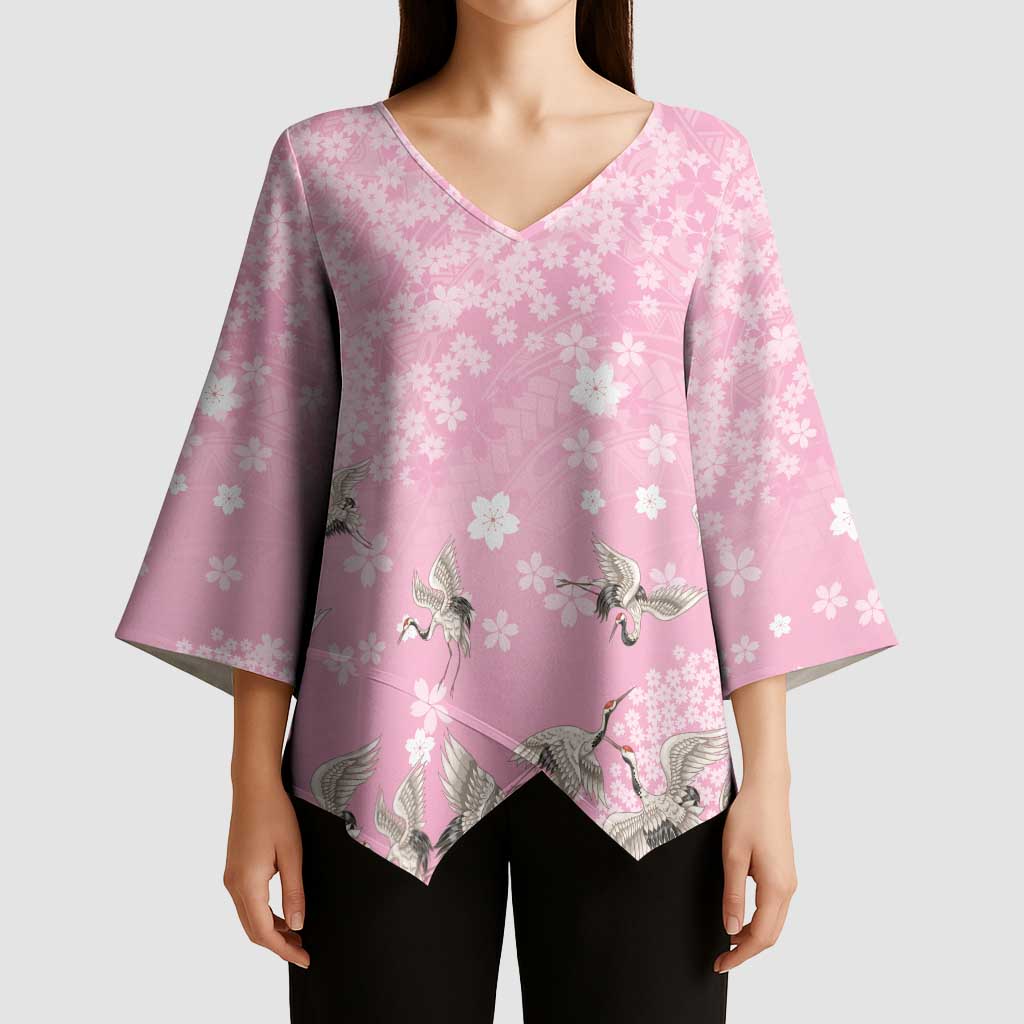 Cranes Sakura Floral Pink Pastel Kimono Sleeve Blouse Hawaii Japan Culture - Polynesian Pride