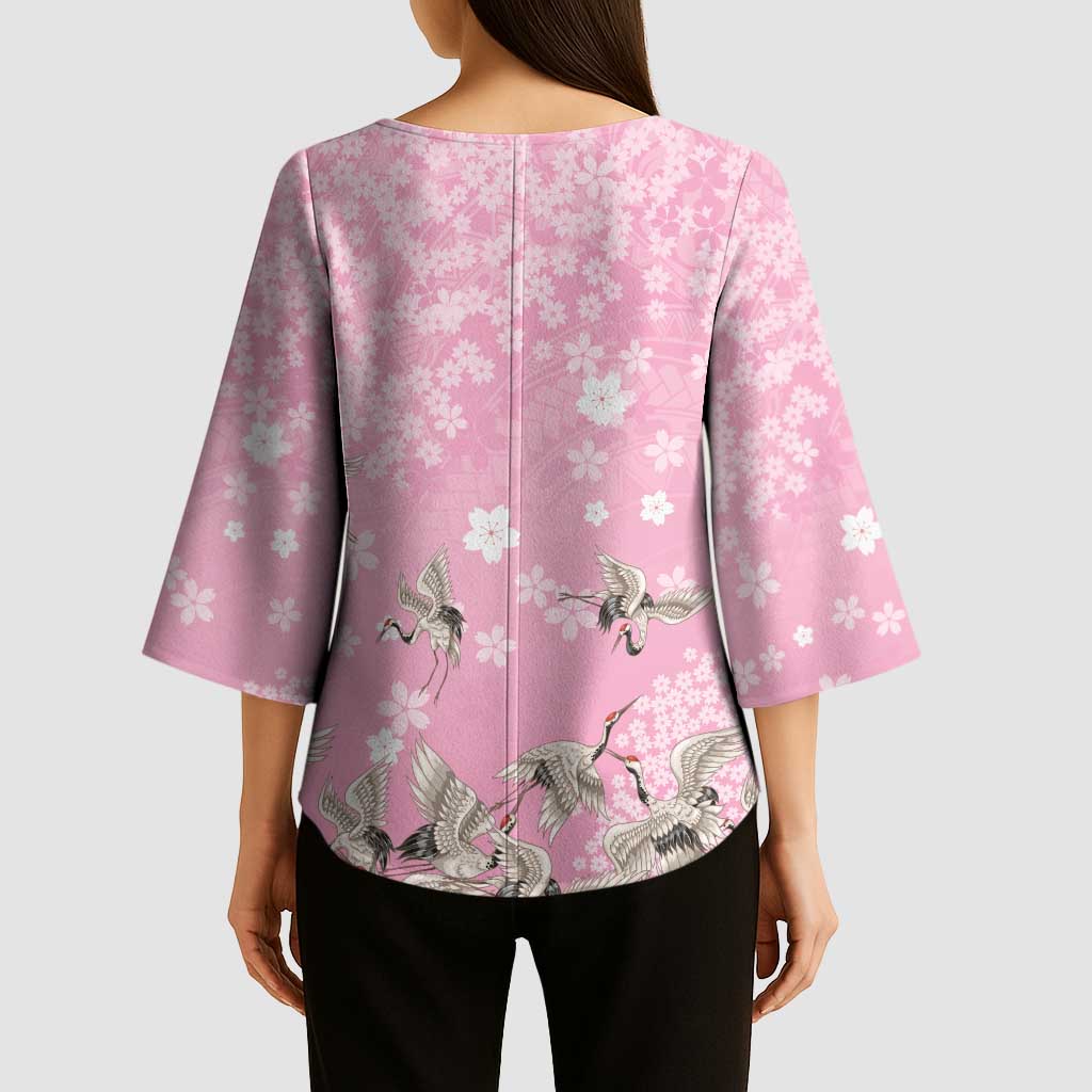 Cranes Sakura Floral Pink Pastel Kimono Sleeve Blouse Hawaii Japan Culture - Polynesian Pride