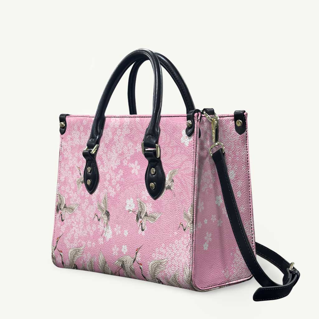 Cranes Sakura Floral Pink Pastel Leather Bag Hawaii Japan Culture - Polynesian Pride