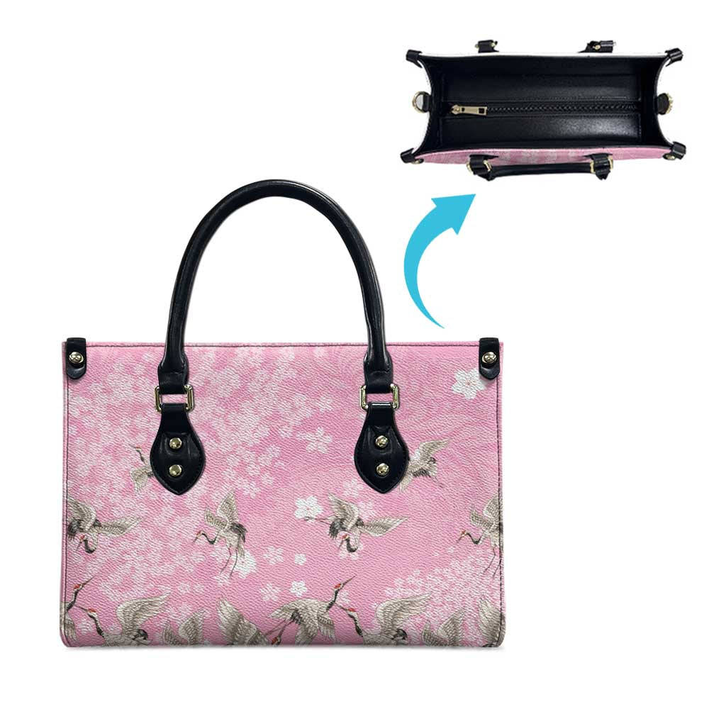 Cranes Sakura Floral Pink Pastel Leather Bag Hawaii Japan Culture - Polynesian Pride