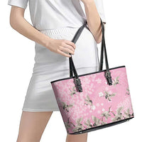 Cranes Sakura Floral Pink Pastel Leather Tote Bag Hawaii Japan Culture - Polynesian Pride