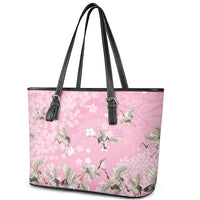 Cranes Sakura Floral Pink Pastel Leather Tote Bag Hawaii Japan Culture - Polynesian Pride
