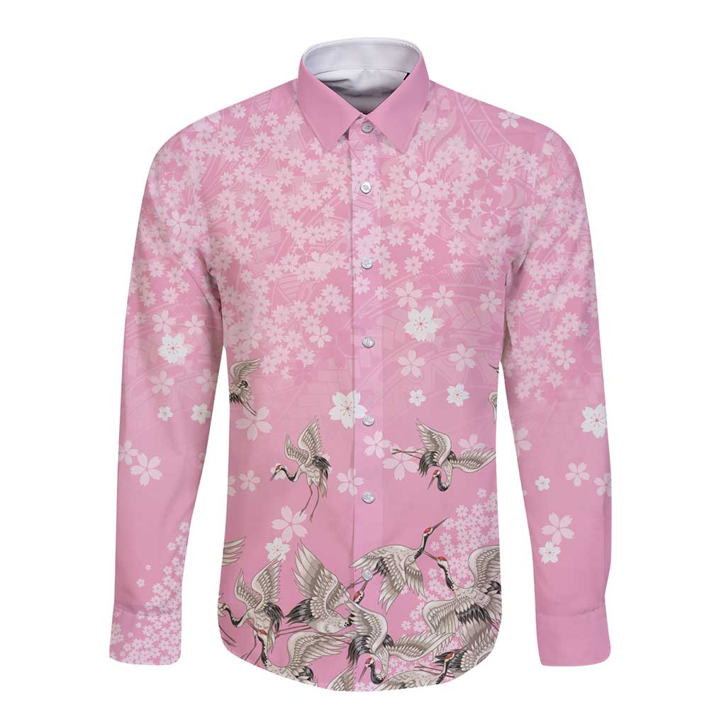 Cranes Sakura Floral Pink Pastel Long Sleeve Button Shirt Hawaii Japan Culture - Polynesian Pride