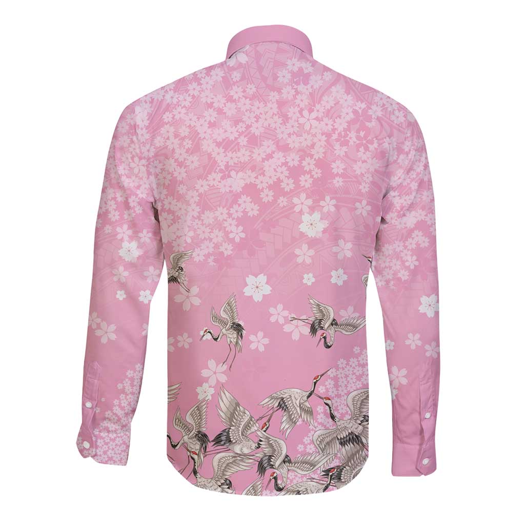 Cranes Sakura Floral Pink Pastel Long Sleeve Button Shirt Hawaii Japan Culture - Polynesian Pride