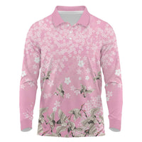 Cranes Sakura Floral Pink Pastel Long Sleeve Polo Shirt Hawaii Japan Culture - Polynesian Pride