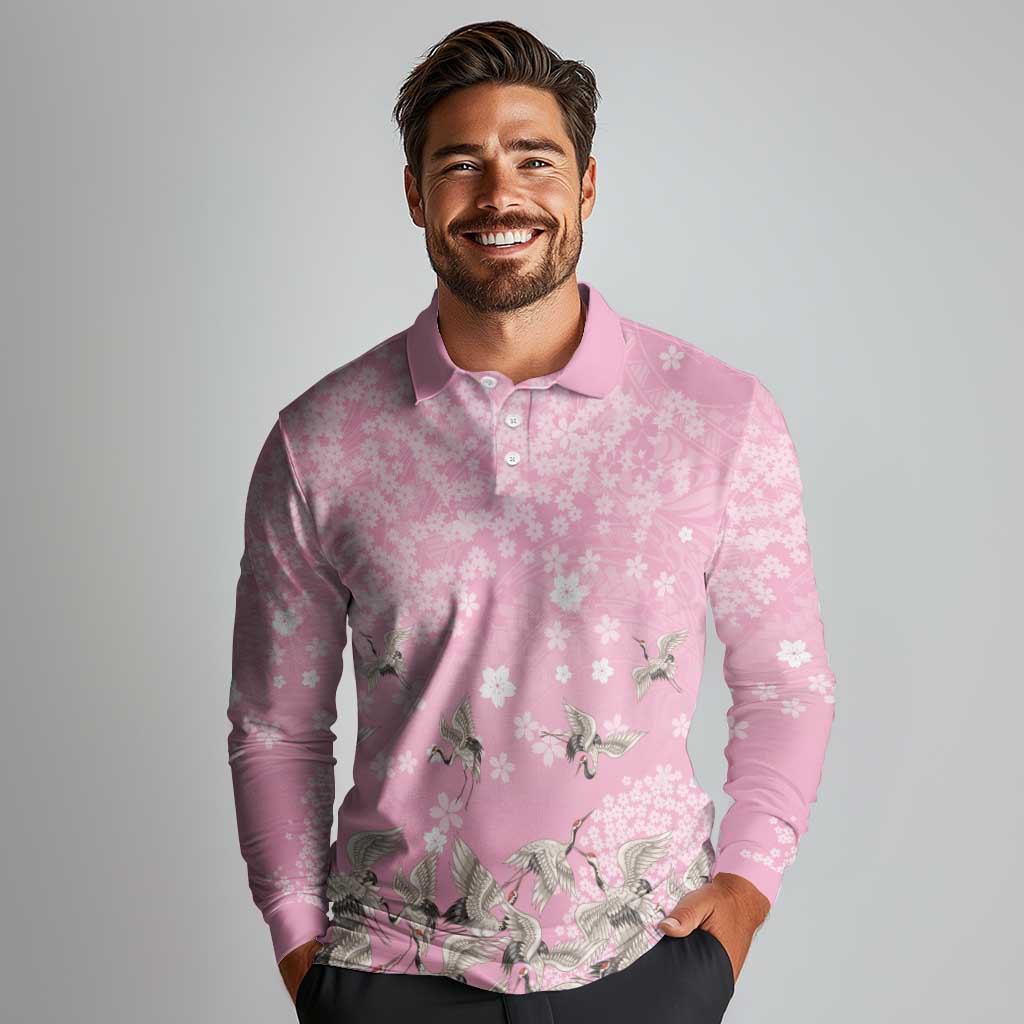 Cranes Sakura Floral Pink Pastel Long Sleeve Polo Shirt Hawaii Japan Culture - Polynesian Pride
