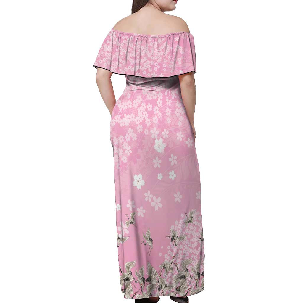 Cranes Sakura Floral Pink Pastel Off Shoulder Maxi Dress Hawaii Japan Culture - Polynesian Pride