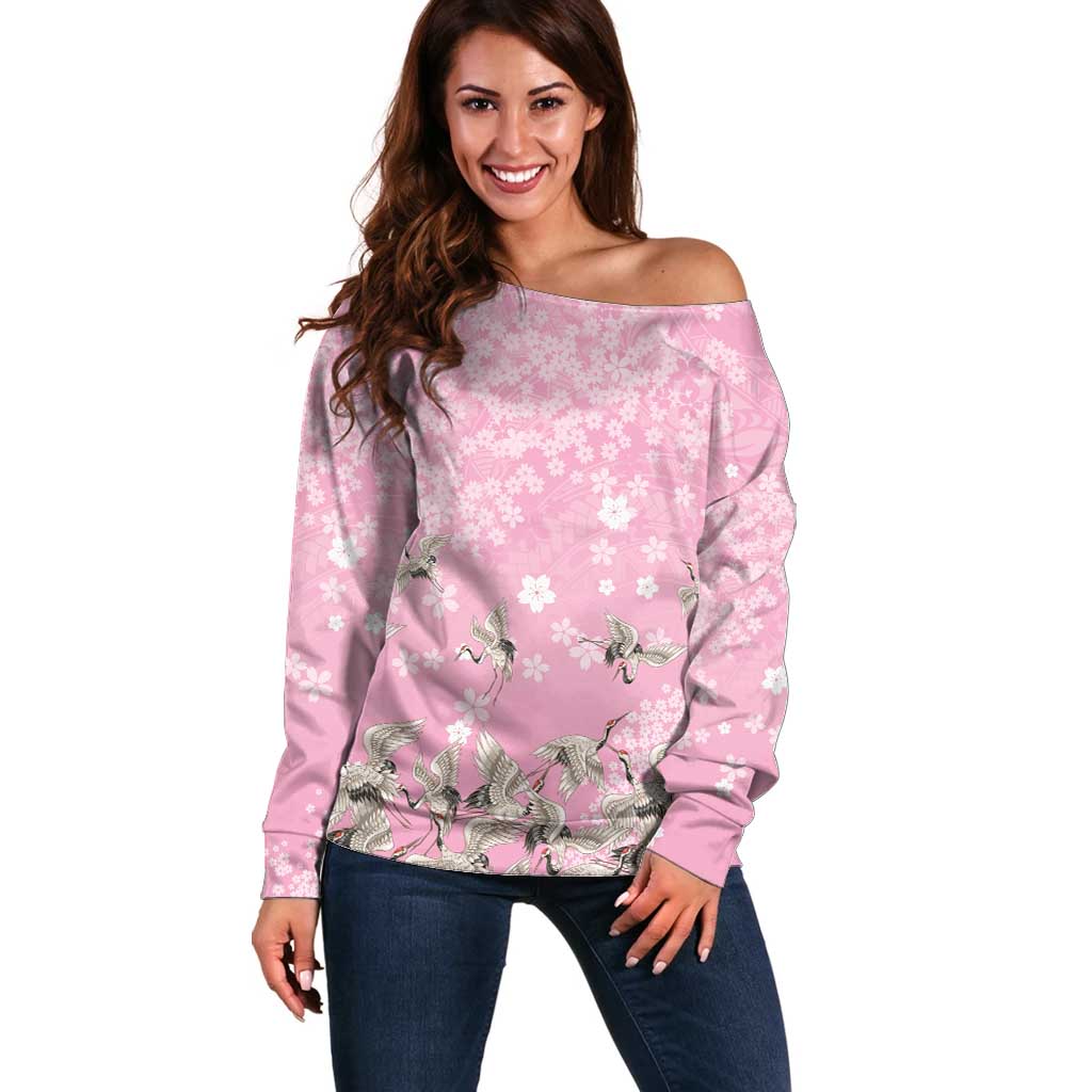 Cranes Sakura Floral Pink Pastel Off Shoulder Sweater Hawaii Japan Culture - Polynesian Pride