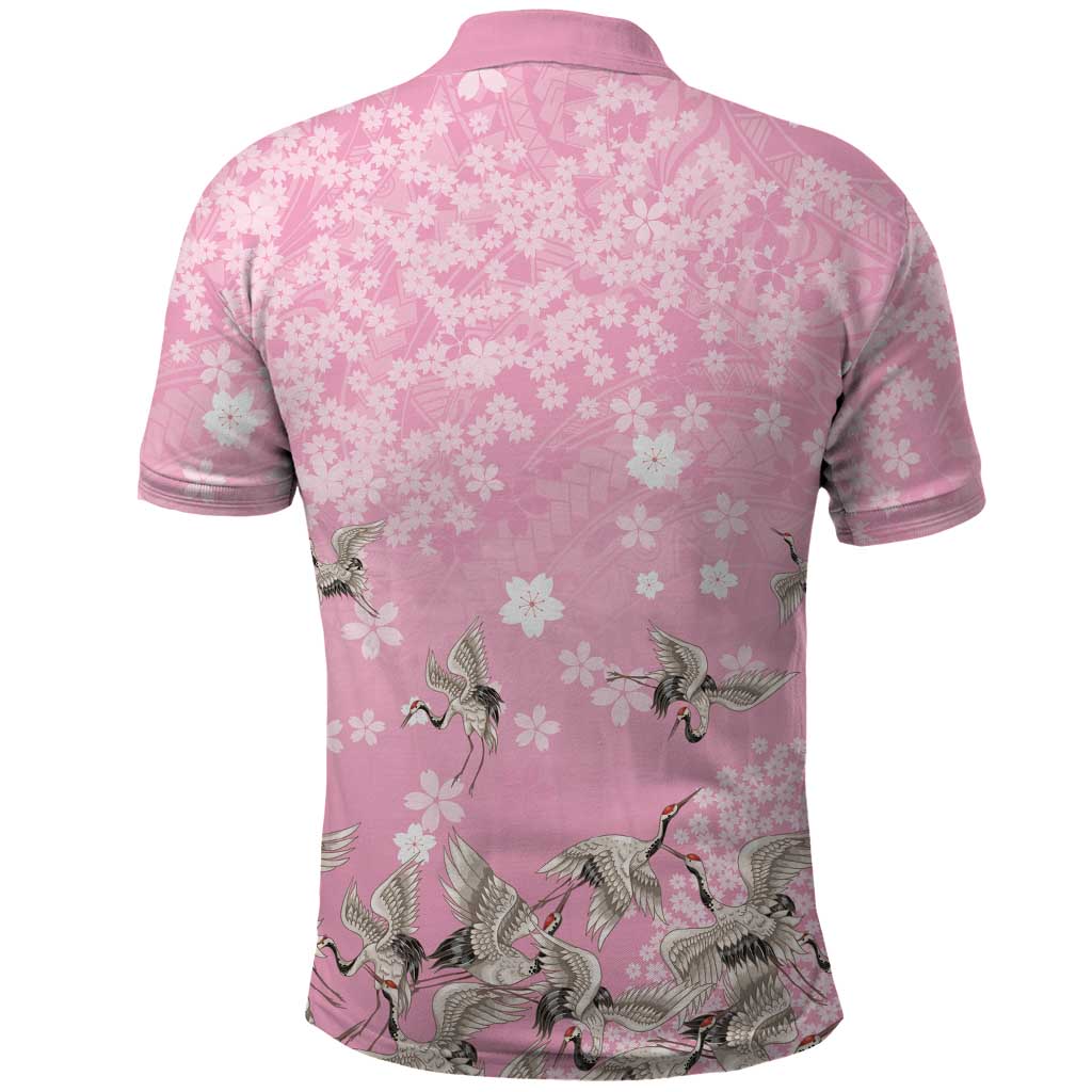 Cranes Sakura Floral Pink Pastel Polo Shirt Hawaii Japan Culture - Polynesian Pride