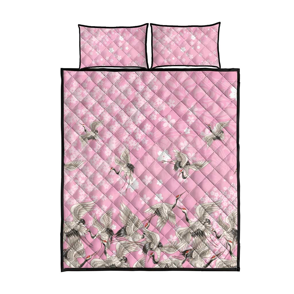 Cranes Sakura Floral Pink Pastel Quilt Bed Set Hawaii Japan Culture - Polynesian Pride