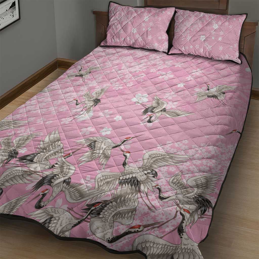 Cranes Sakura Floral Pink Pastel Quilt Bed Set Hawaii Japan Culture - Polynesian Pride