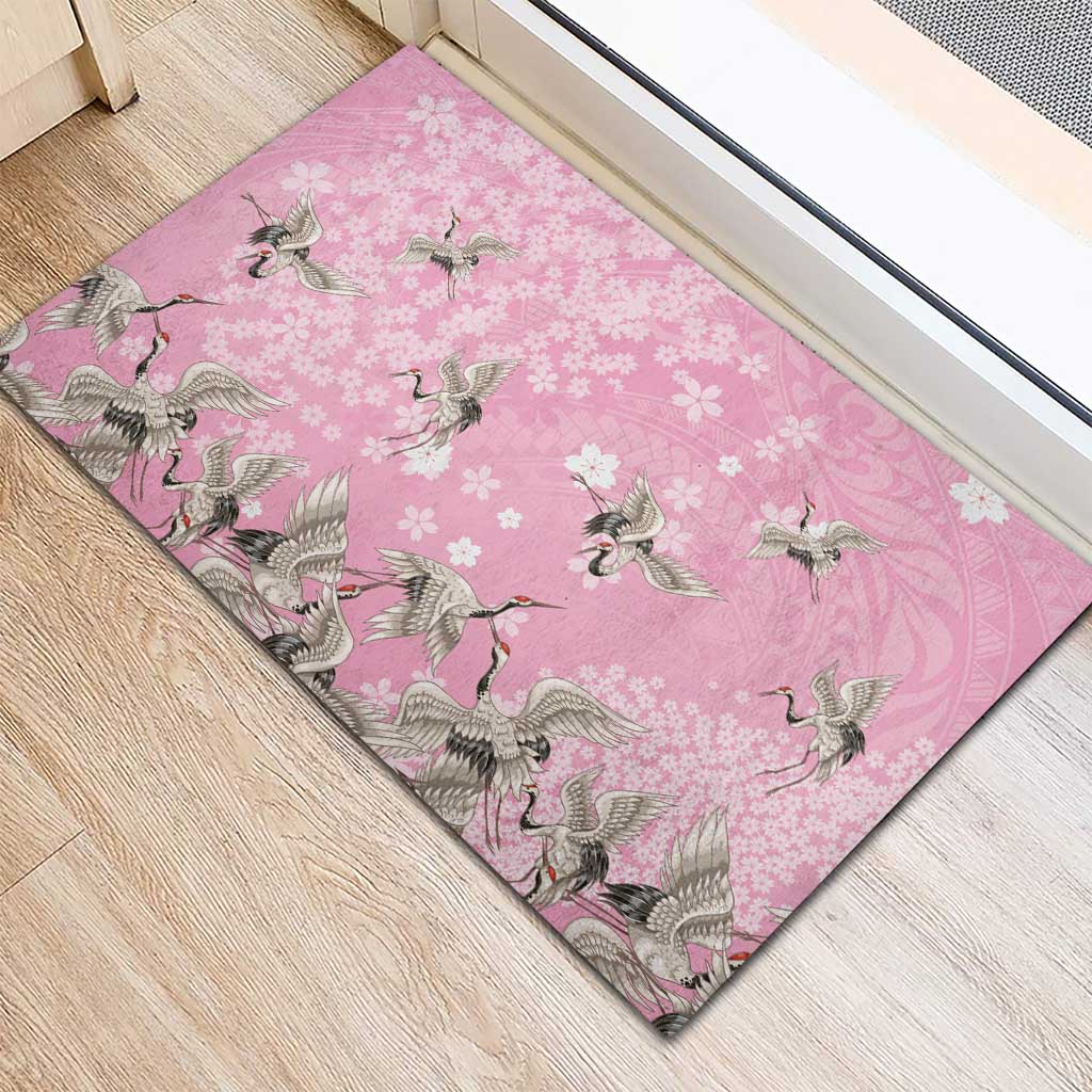 Cranes Sakura Floral Pink Pastel Rubber Doormat Hawaii Japan Culture - Polynesian Pride
