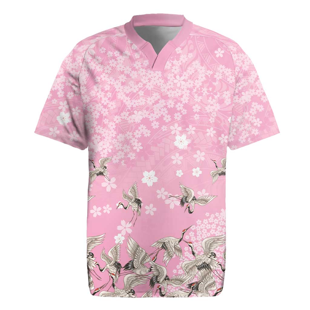 Cranes Sakura Floral Pink Pastel Rugby Jersey Hawaii Japan Culture - Polynesian Pride