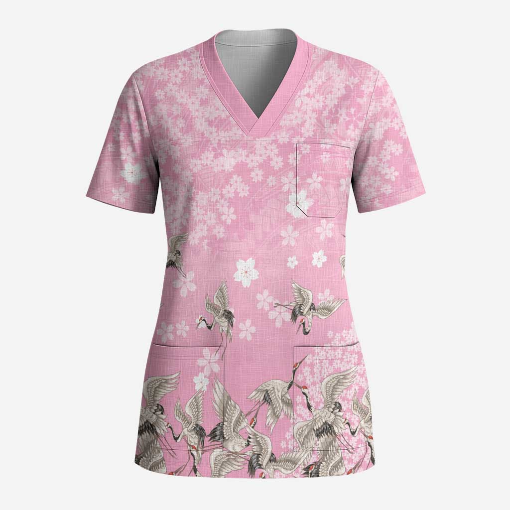 Cranes Sakura Floral Pink Pastel Scrub Top Hawaii Japan Culture - Polynesian Pride