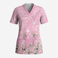 Cranes Sakura Floral Pink Pastel Scrub Top Hawaii Japan Culture - Polynesian Pride