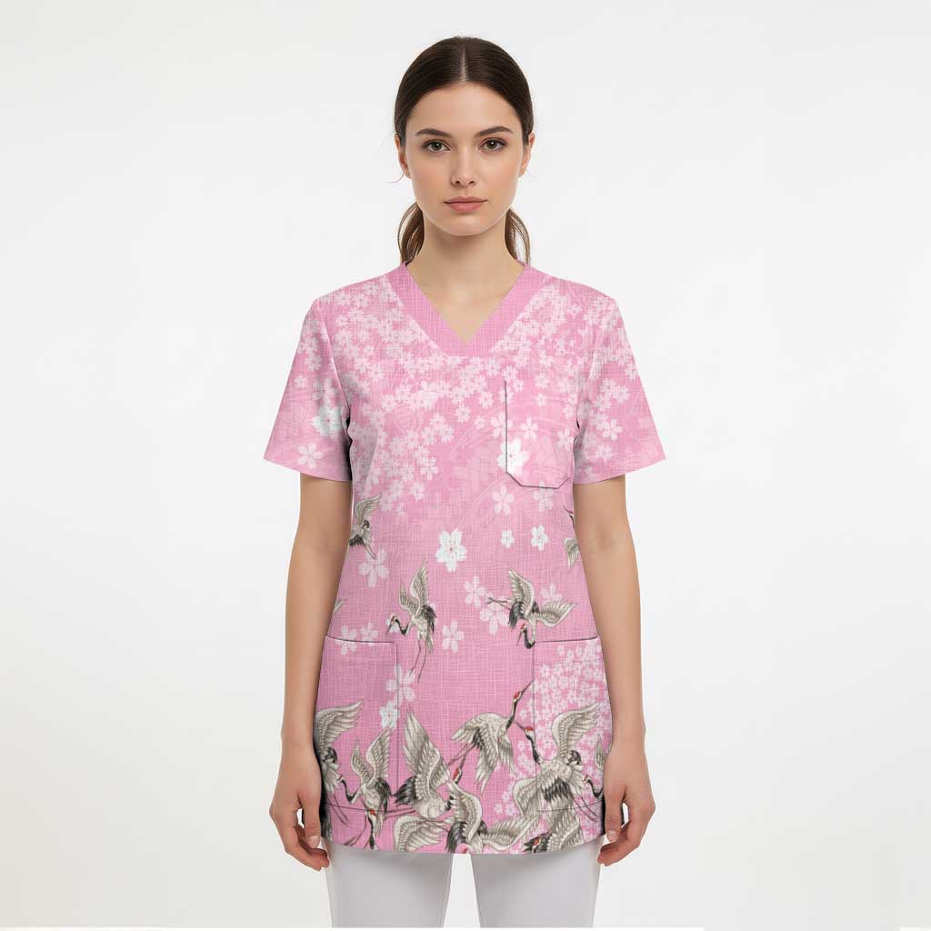 Cranes Sakura Floral Pink Pastel Scrub Top Hawaii Japan Culture - Polynesian Pride