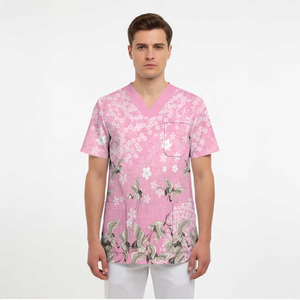 Cranes Sakura Floral Pink Pastel Scrub Top Hawaii Japan Culture - Polynesian Pride