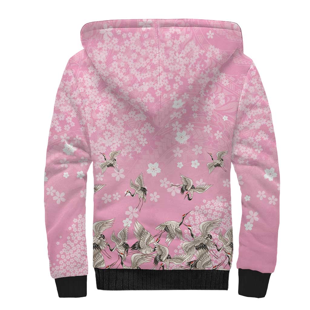 Cranes Sakura Floral Pink Pastel Sherpa Hoodie Hawaii Japan Culture - Polynesian Pride