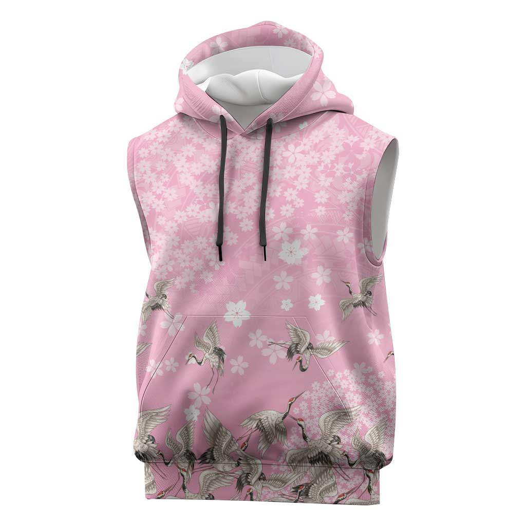 Cranes Sakura Floral Pink Pastel Sleeveless Hoodie Hawaii Japan Culture - Polynesian Pride