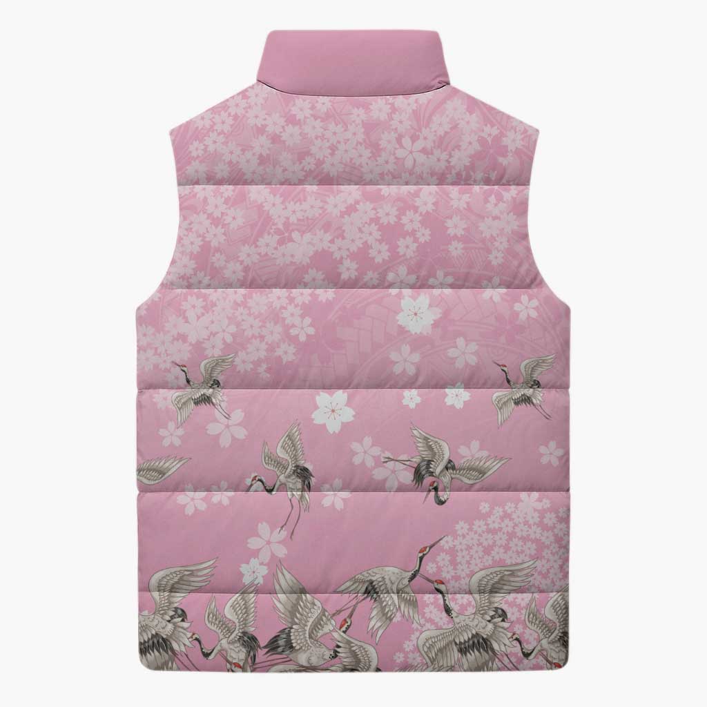 Cranes Sakura Floral Pink Pastel Sleeveless Puffer Jacket Hawaii Japan Culture - Polynesian Pride