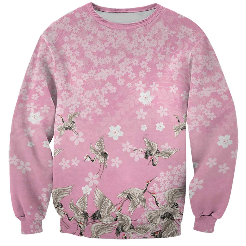 Cranes Sakura Floral Pink Pastel Sweatshirt Hawaii Japan Culture - Polynesian Pride