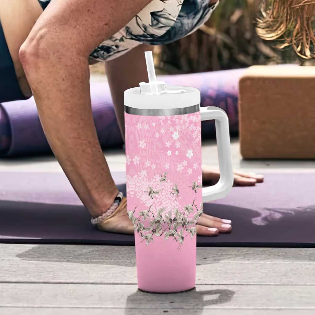 Cranes Sakura Floral Pink Pastel Tumbler With Handle Hawaii Japan Culture - Polynesian Pride