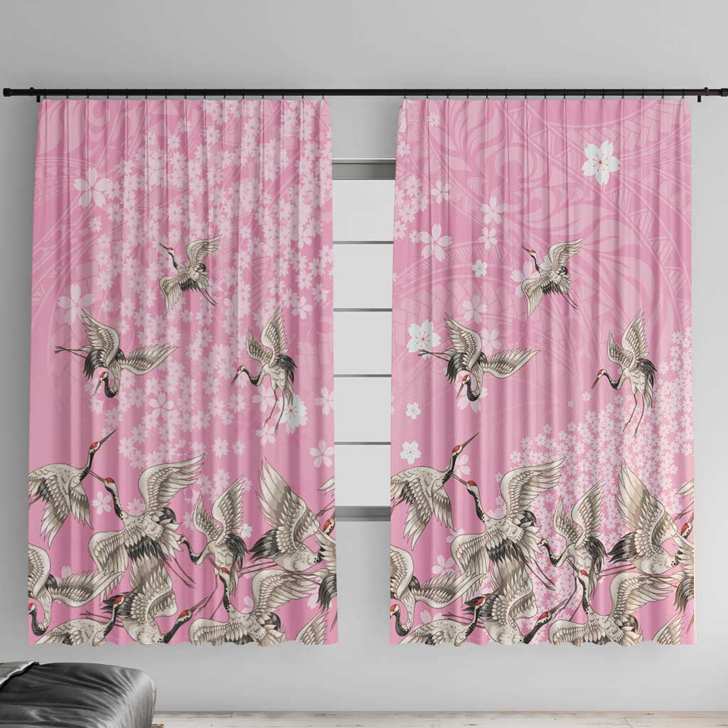 Cranes Sakura Floral Pink Pastel Window Curtain Hawaii Japan Culture - Polynesian Pride