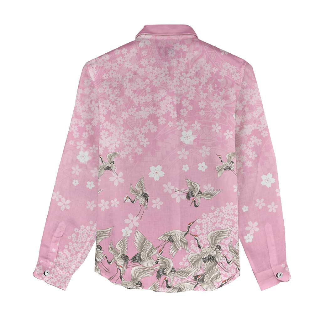 Cranes Sakura Floral Pink Pastel Women Casual Shirt Hawaii Japan Culture - Polynesian Pride