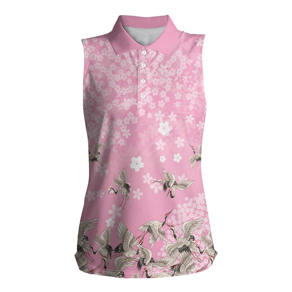 Cranes Sakura Floral Pink Pastel Women Sleeveless Polo Shirt Hawaii Japan Culture - Polynesian Pride