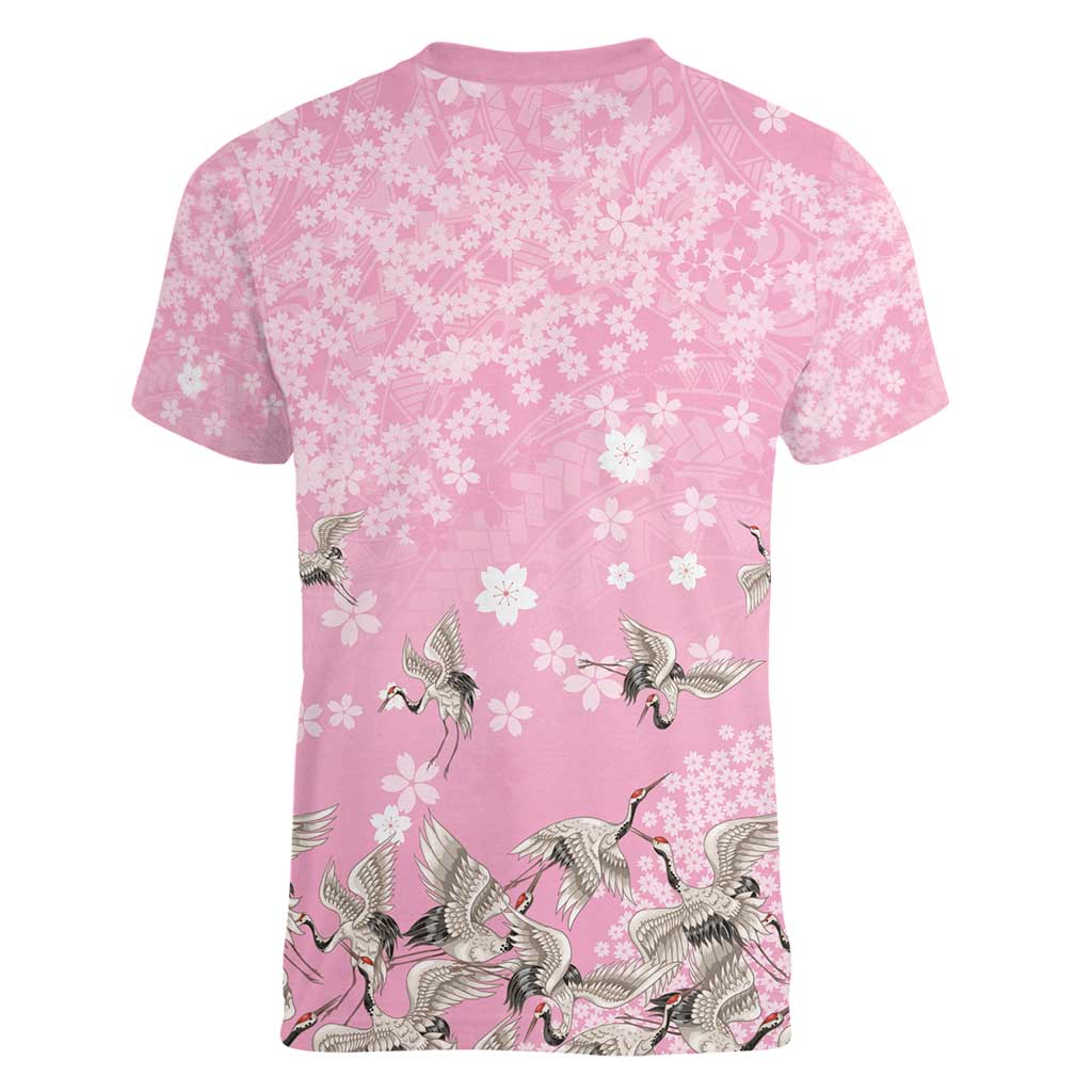 Cranes Sakura Floral Pink Pastel Women V-Neck T-Shirt Hawaii Japan Culture - Polynesian Pride