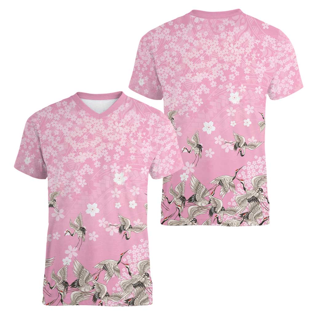 Cranes Sakura Floral Pink Pastel Women V-Neck T-Shirt Hawaii Japan Culture - Polynesian Pride