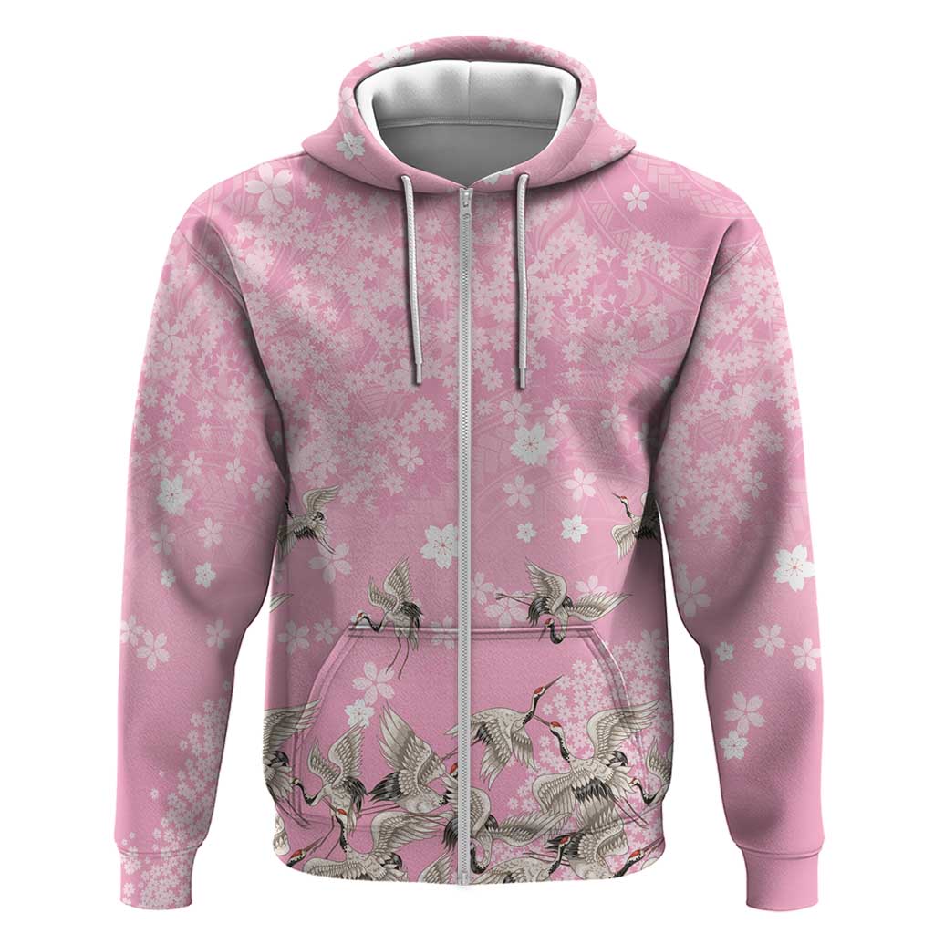 Cranes Sakura Floral Pink Pastel Zip Hoodie Hawaii Japan Culture - Polynesian Pride