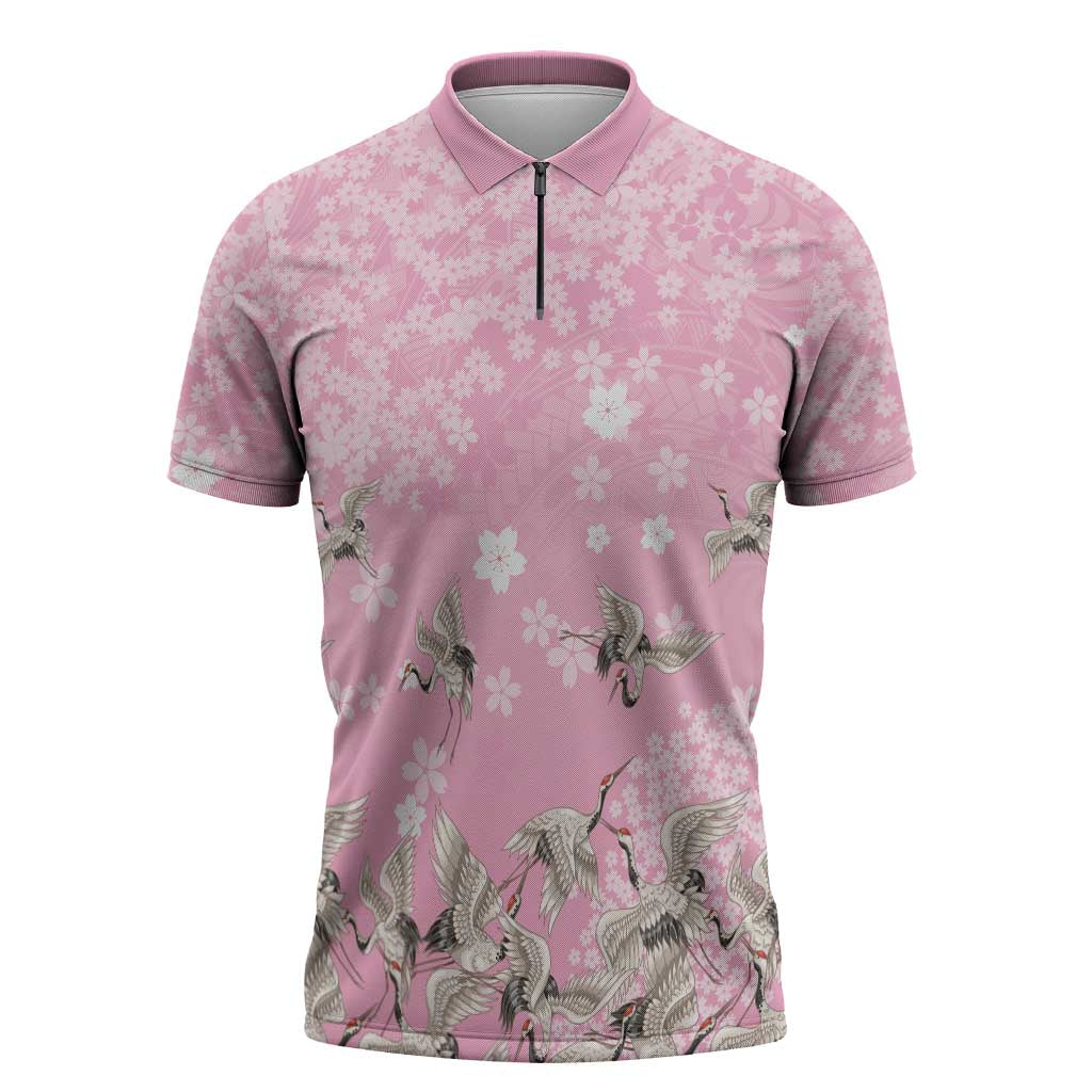 Cranes Sakura Floral Pink Pastel Zipper Polo Shirt Hawaii Japan Culture - Polynesian Pride