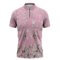 Cranes Sakura Floral Pink Pastel Zipper Polo Shirt Hawaii Japan Culture - Polynesian Pride