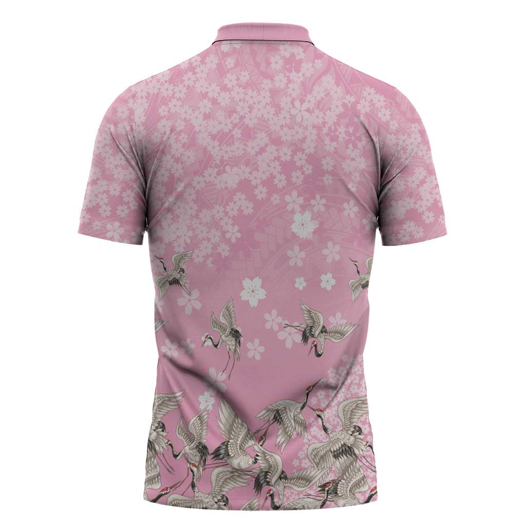 Cranes Sakura Floral Pink Pastel Zipper Polo Shirt Hawaii Japan Culture - Polynesian Pride