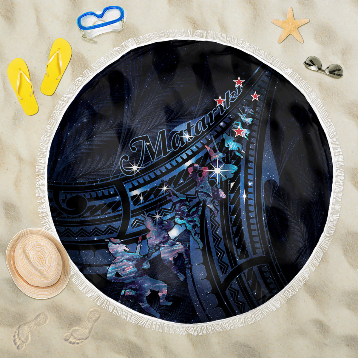 Matariki Paua Shell New Zealand Beach Blanket Haka Dance At The Starry Night LT01 One Size 150cm Black - Polynesian Pride