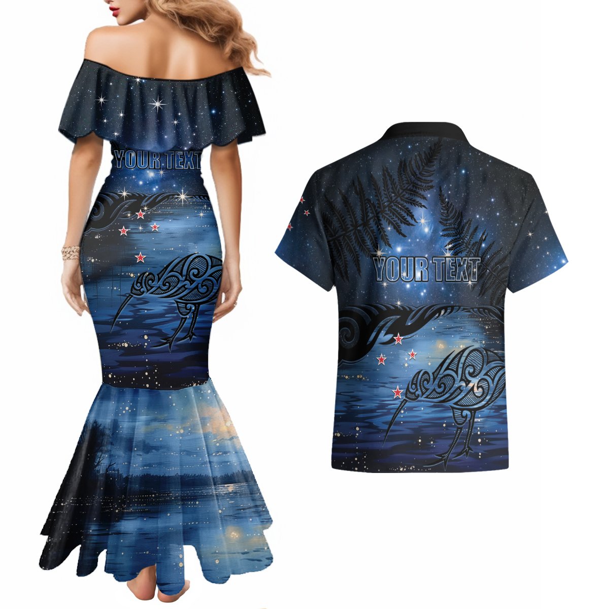 Personalised Matariki Kiwi Couples Matching Mermaid Dress and Hawaiian Shirt Silver Fern LT01 - Polynesian Pride