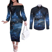 Personalised Matariki Kiwi Couples Matching Off The Shoulder Long Sleeve Dress and Long Sleeve Button Shirt Silver Fern LT01 Black - Polynesian Pride