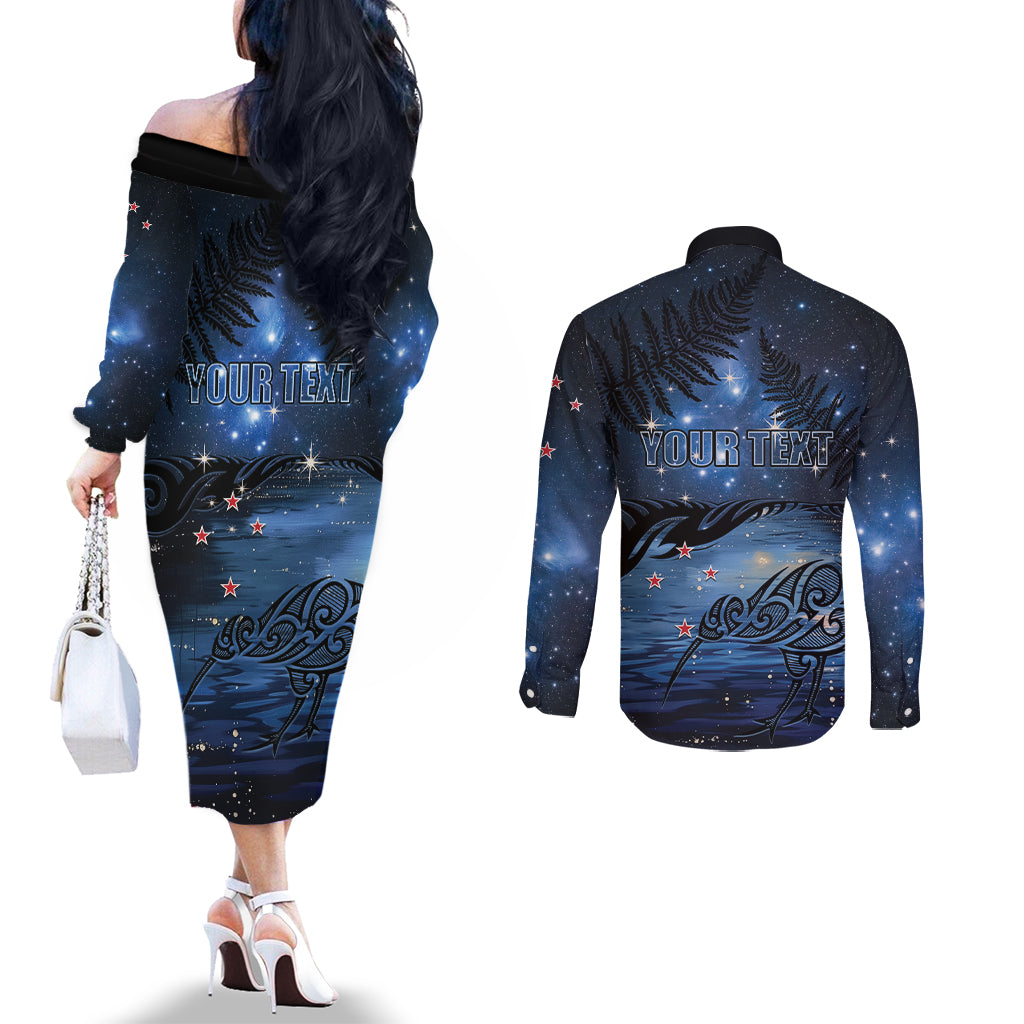 Personalised Matariki Kiwi Couples Matching Off The Shoulder Long Sleeve Dress and Long Sleeve Button Shirt Silver Fern LT01 - Polynesian Pride