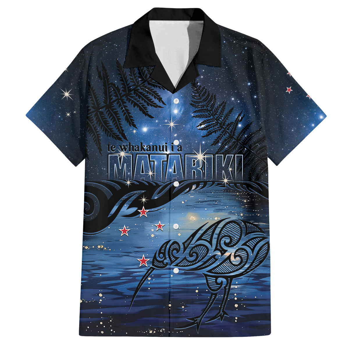 Personalised Matariki Kiwi Family Matching Off Shoulder Maxi Dress and Hawaiian Shirt Silver Fern LT01 Dad's Shirt - Short Sleeve Black - Polynesian Pride