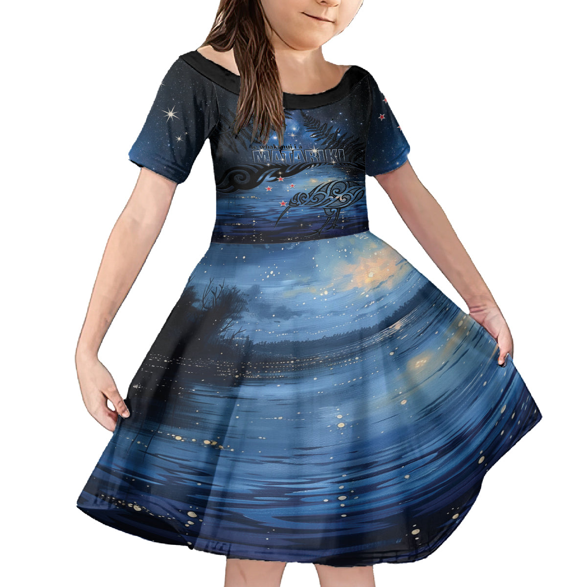 Personalised Matariki Kiwi Family Matching Summer Maxi Dress and Hawaiian Shirt Silver Fern LT01 Daughter's Dress Black - Polynesian Pride