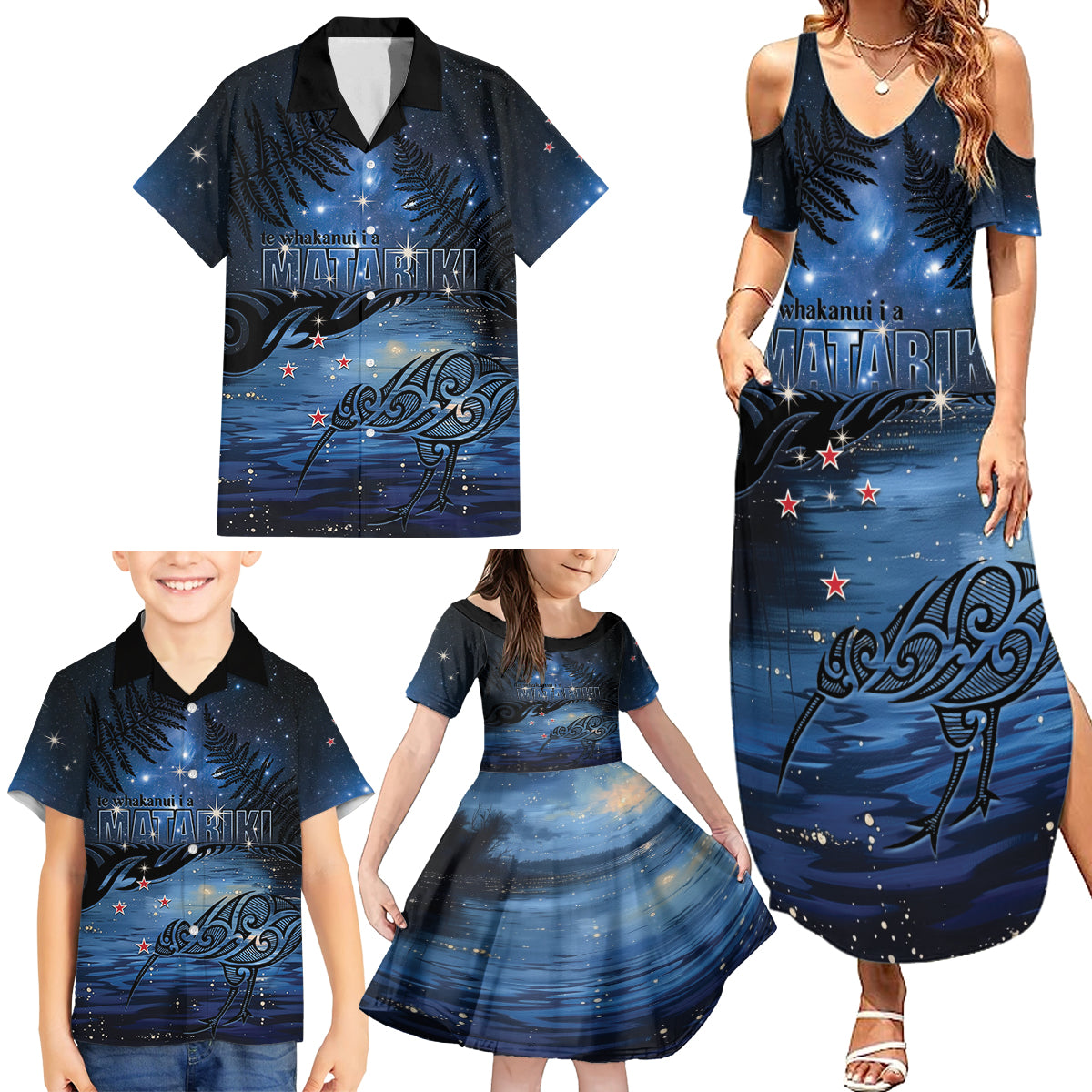Personalised Matariki Kiwi Family Matching Summer Maxi Dress and Hawaiian Shirt Silver Fern LT01 - Polynesian Pride