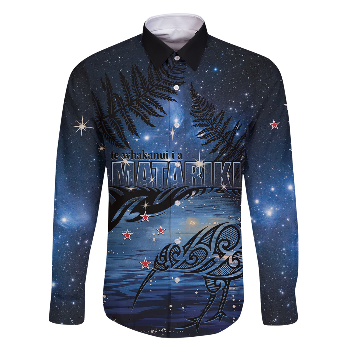 Personalised Matariki Kiwi Family Matching Summer Maxi Dress and Hawaiian Shirt Silver Fern LT01 Dad's Shirt - Long Sleeve Black - Polynesian Pride