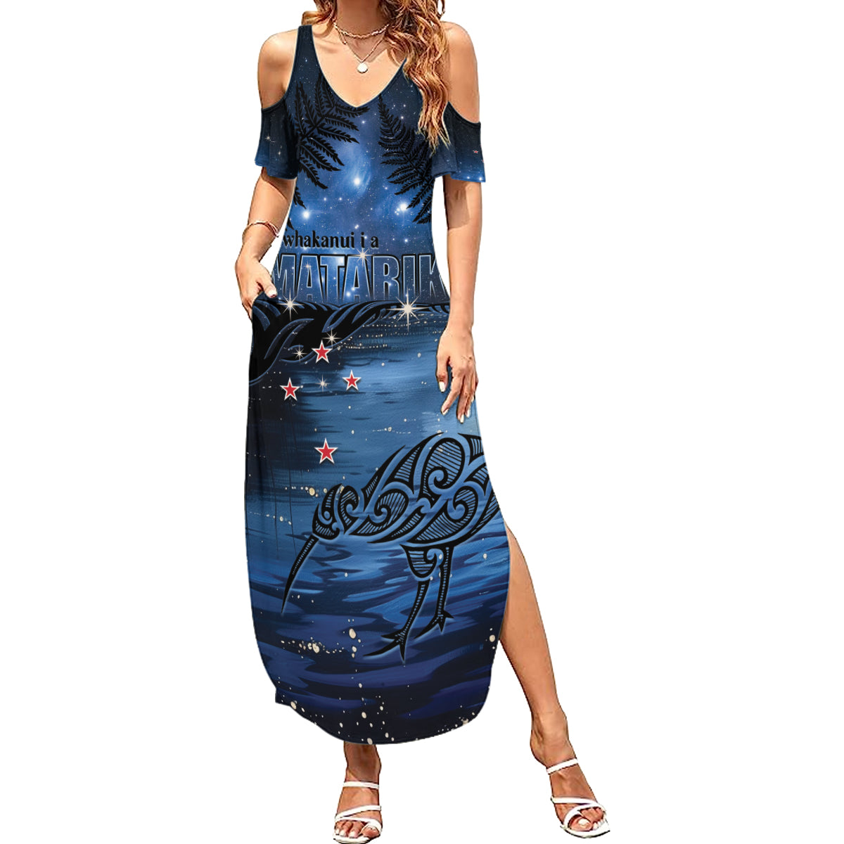 Personalised Matariki Kiwi Family Matching Summer Maxi Dress and Hawaiian Shirt Silver Fern LT01 Mom's Dress Black - Polynesian Pride