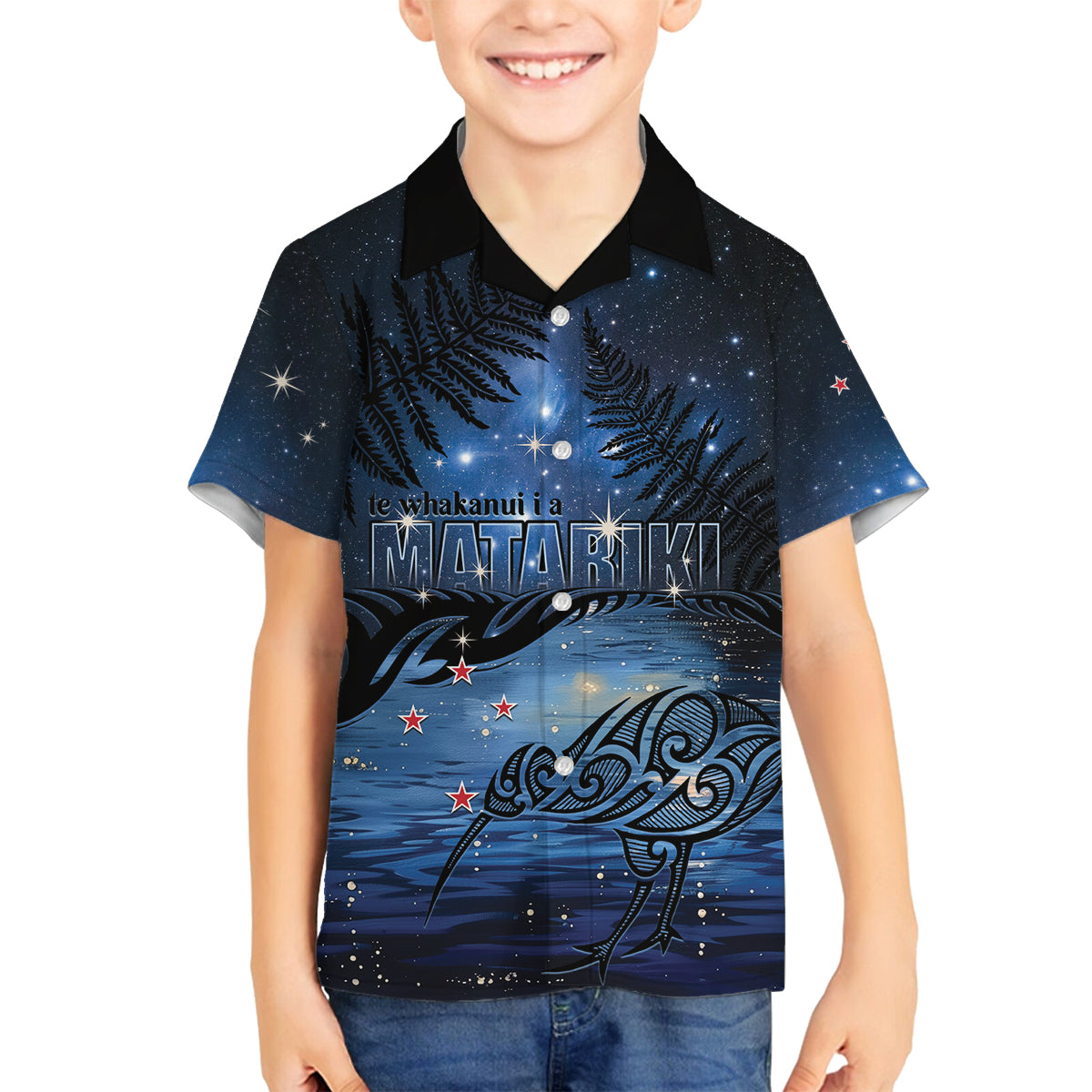 Personalised Matariki Kiwi Family Matching Summer Maxi Dress and Hawaiian Shirt Silver Fern LT01 Son's Shirt Black - Polynesian Pride