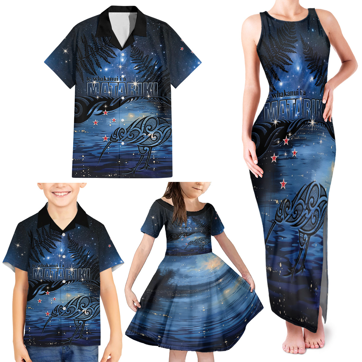 Personalised Matariki Kiwi Family Matching Tank Maxi Dress and Hawaiian Shirt Silver Fern LT01 - Polynesian Pride